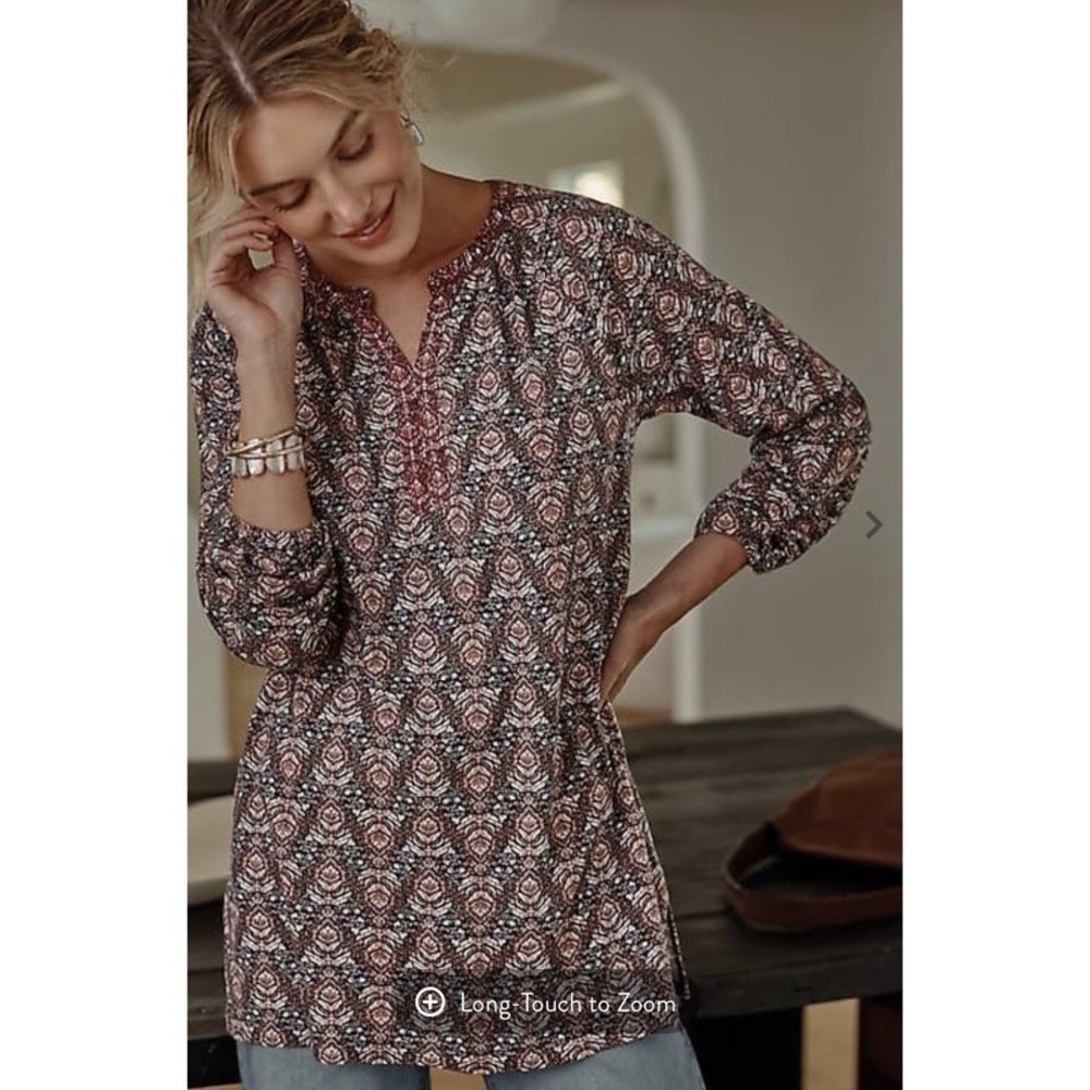 J. Jill Pure Jill Printed & Embroidered Knit Tunic XLP Navy Ornate Trellis Boho